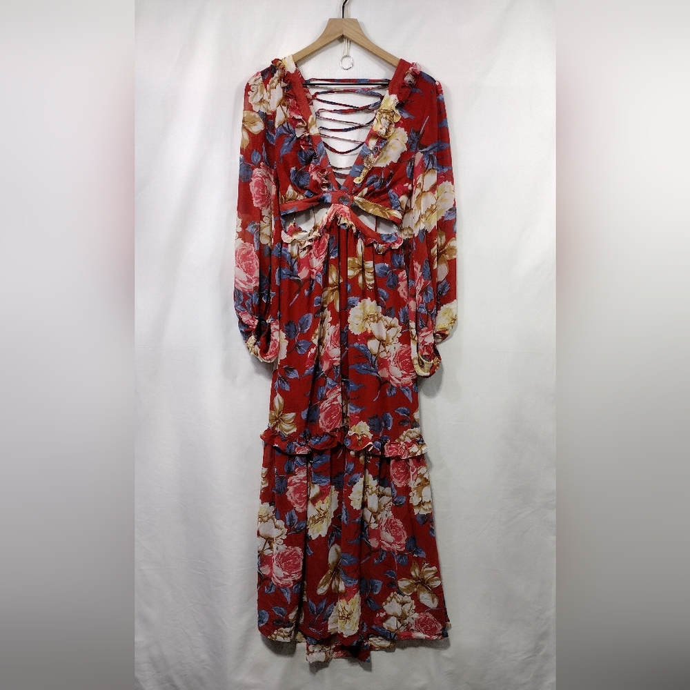 Nikki Lund Floral Maxi Dress Women's S Red Multicolor Artsy Cottagecore Peasant